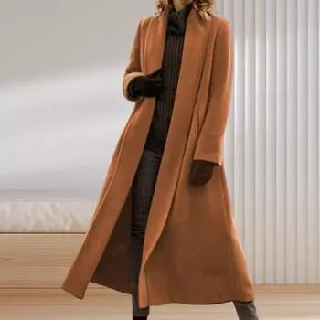 Женское зимнее пальто с открытыми стежками, отложным воротником, длинными рукавами, ветровка, свободный кардиган из телячьей шерсти S коричневый