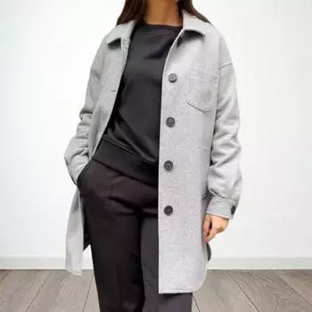 Женское зимнее пальто с отложным воротником и карманами, однотонный кардиган с нагрудным карманом, свободная верхняя одежда, термобелье с длинными рукавами, зимняя куртка для поездок на работу и свиданий S светло-серый
