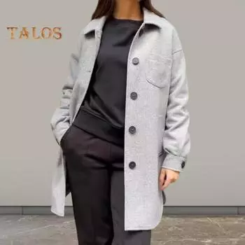 Женское зимнее пальто с отложным воротником и карманами, однотонный кардиган с нагрудным карманом, свободная верхняя одежда, термобелье с длинными рукавами, зимняя куртка для поездок на работу и свиданий M светло-серый