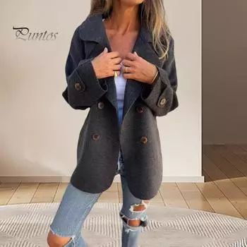 Женское зимнее пальто с отложным воротником, однотонное, двухстороннее, шерстяное, двубортное, свободного кроя, пальто, теплое, с длинными рукавами, для поездок на работу, для свиданий, весна M серый