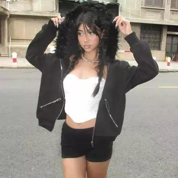 Женское зимнее пальто с плюшевым капюшоном, кардиган в уличном стиле на молнии с капюшоном и карманами на молнии, однотонная теплая свободная верхняя одежда S чёрный