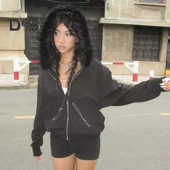 Женское зимнее пальто с плюшевым капюшоном, кардиган в уличном стиле на молнии с капюшоном и карманами на молнии, однотонная теплая свободная верхняя одежда S чёрный