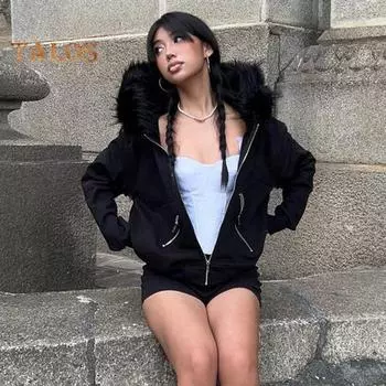 Женское зимнее пальто с плюшевым капюшоном, кардиган в уличном стиле на молнии с капюшоном и карманами на молнии, однотонная теплая свободная верхняя одежда M чёрный