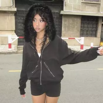 Женское зимнее пальто с плюшевым капюшоном, кардиган в уличном стиле на молнии с капюшоном и карманами на молнии, однотонная теплая свободная верхняя одежда S чёрный