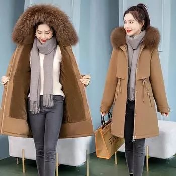 Женское зимнее пальто с подкладкой из искусственного меха с капюшоном, длинное пальто с большим карманом, куртка-пуховик, парки с хлопковой подкладкой, верхняя одежда, пальто, 6 цветов M абрикосовый