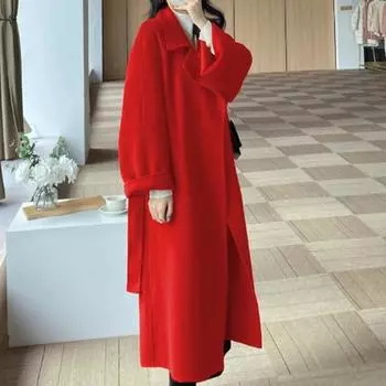 Женское зимнее пальто с поясом, отложным воротником и карманами, однотонный кардиган средней длины, термобелье с длинными рукавами, для поездок на работу и свиданий, зимнее пальто S чёрный