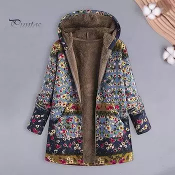 Женское зимнее пальто с ретро-цветочным принтом, капюшоном, плотным плюшевым застежкой-молнией, сохраняющим тепло, длинными рукавами, карманами средней длины, для отдыха, повседневной носки, куртка XL жёлтый
