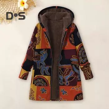 Женское зимнее пальто с ретро-цветочным принтом, капюшоном, плотным плюшевым застежкой-молнией, сохраняющим тепло, длинными рукавами, карманами средней длины, для отдыха, повседневной носки, куртка M красный