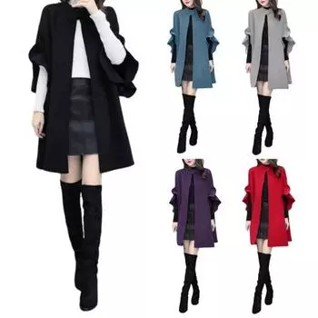 Женское зимнее пальто с рукавами-лепестками и воротником-стойкой, а-силуэт, накидка с открытым швом M чёрный