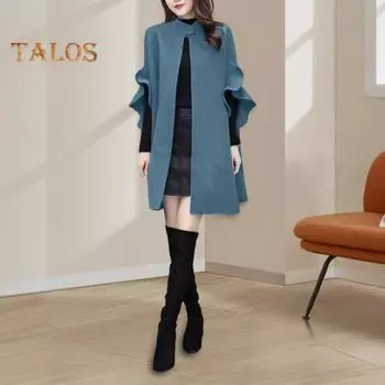 Женское зимнее пальто с рукавами-лепестками, воротником-стойкой, накидкой-трапецией, кардиганом средней длины с открытыми стежкам, шерстяным пальто для улицы, пончо M красный