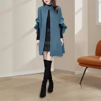 Женское зимнее пальто с рукавами-лепестками и воротником-стойкой, а-силуэт, накидка с открытым швом M фиолетовый