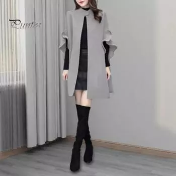 Женское зимнее пальто с рукавами-лепестками, воротником-стойкой, накидкой-трапецией, кардиганом средней длины с открытыми стежкам, шерстяным пальто для улицы, пончо M красный