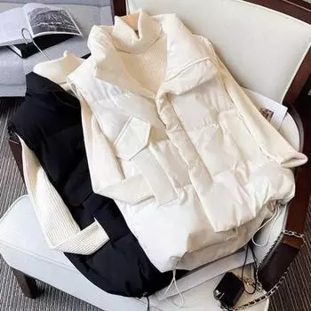 Женское зимнее пальто с толстой подкладкой, теплое, без рукавов, однотонное, с лацканами, на молнии, с карманами, свободная женская верхняя одежда, жилет, хлопковое пальто L белый