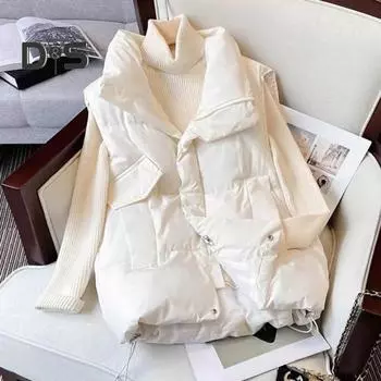 Женское зимнее пальто с толстой подкладкой, теплое, без рукавов, однотонное, с лацканами, на молнии, с карманами, свободная женская верхняя одежда, жилет, хлопковое пальто L белый