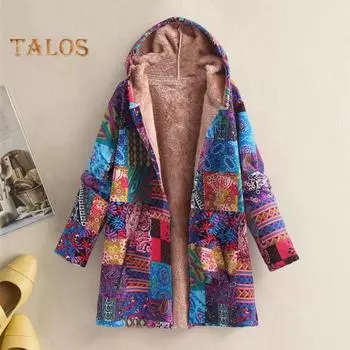 Женское зимнее пальто с винтажным этническим принтом в стиле пэчворк с плюшевой подкладкой, капюшоном и карманами, куртка средней длины на пуговицах для активного отдыха S синий