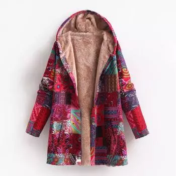 Женское зимнее пальто с винтажным этническим принтом в стиле пэчворк с плюшевой подкладкой, капюшоном и карманами, куртка средней длины на пуговицах для активного отдыха S жёлтый