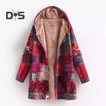 Женское зимнее пальто с винтажным этническим принтом в стиле пэчворк с плюшевой подкладкой, капюшоном и карманами, куртка средней длины на пуговицах для активного отдыха S синий