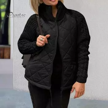 Женское зимнее пальто с воротником-стойкой, защитой шеи, трикотажным лоскутным узором, завязывающимся на шнурок подолом, застежкой-молнией, средней длины, ветрозащитная хлопковая куртка S хаки