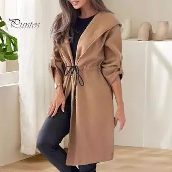 Женское зимнее пальто с завязками на талии, с капюшоном, плотного однотонного цвета, средней длины, сохраняющее тепло, с длинными рукавами, с запонками, для поездок на работу и путешествий L абрикосовый