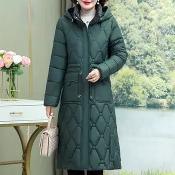 Женское зимнее пальто среднего возраста с капюшоном, новинка 2023 года, повседневные толстые теплые длинные парки для женщин, зимние куртки 2XL чёрный