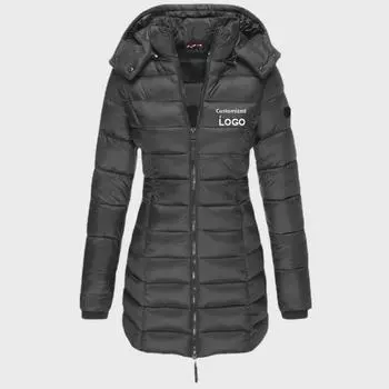 Женское зимнее пальто средней длины из хлопка с капюшоном в европейском стиле - однотонное с логотипом XXXL серый