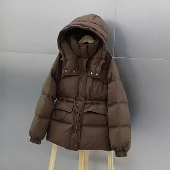 Женское зимнее пальто средней длины с капюшоном на белом утином пуху в корейском стиле 2024 года, толстое и модное Small