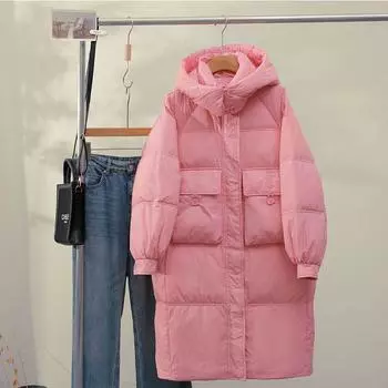 Женское зимнее пальто средней длины с капюшоном на белом утином пуху, 2024 M for 125-160 jin розовый