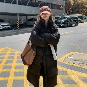 Женское зимнее пальто средней длины выше колена в корейском стиле свободного покроя из утолщенного хлопка в стиле колледжа S чёрный