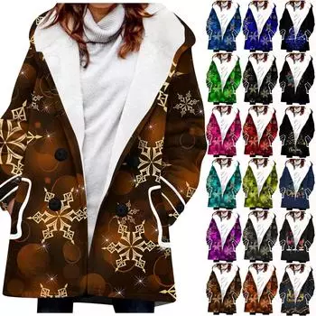 Женское зимнее пальто, теплое лохматое пуховое пальто с капюшоном на пуговицах, рождественское пальто с принтом снежинок, куртка XL