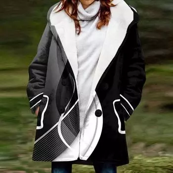 Женское зимнее пальто, теплое мохнатое пуховое пальто с капюшоном и пуговицами, куртка L чёрный