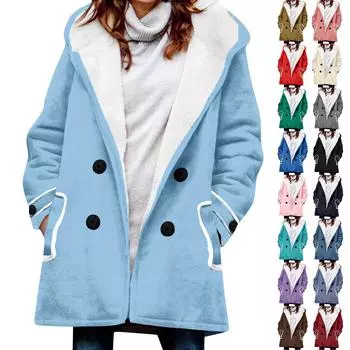 Женское зимнее пальто, теплое мохнатое пуховое пальто с капюшоном и пуговицами, куртка M синий
