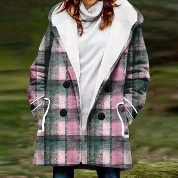 Женское зимнее пальто, теплое мохнатое пуховое пальто с капюшоном и пуговицами, куртка M розовый