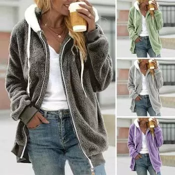 Женское зимнее пальто, толстое, мягкое, плюшевое, соответствующего цвета, на молнии, с длинным рукавом, морозостойкое, с капюшоном, на шнурке, женская уличная куртка 3XL темно-серого