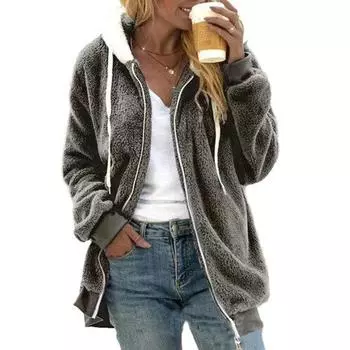 Женское зимнее пальто, толстое, мягкое, плюшевое, соответствующего цвета, на молнии, с длинным рукавом, морозостойкое, с капюшоном, на шнурке, женская уличная куртка M светло-серый