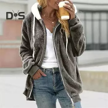 Женское зимнее пальто, толстое, мягкое, плюшевое, соответствующего цвета, на молнии, с длинным рукавом, морозостойкое, с капюшоном, на шнурке, женская уличная куртка L темно-серого