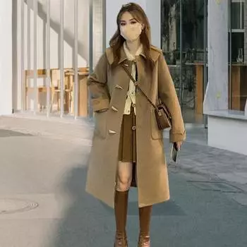 Женское зимнее пальто в деловом стиле с отложным воротником, однобортное, с роговыми пуговицами, средней длины S хаки