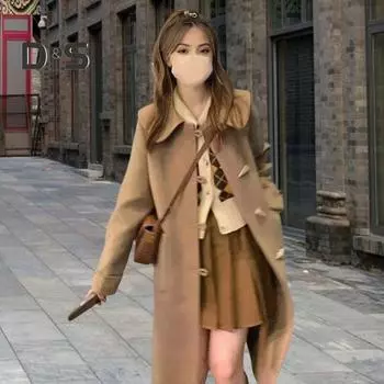 Женское зимнее пальто в деловом стиле с отложным воротником, однобортное, с роговыми пуговицами, средней длины, куртка для поездок на работу, однотонная, плотная S хаки