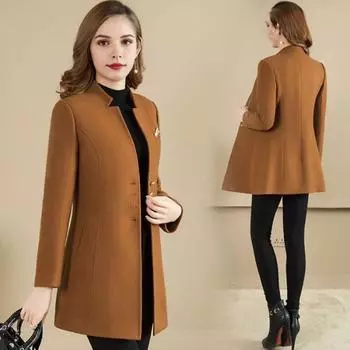 Женское зимнее пальто в деловом стиле с воротником-стойкой, однобортное, средней длины L верблюд