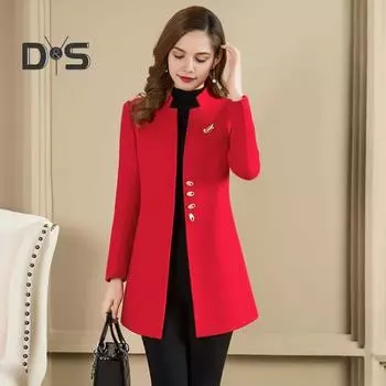 Женское зимнее пальто в деловом стиле с воротником-стойкой, однобортное, средней длины, облегающее, для поездок на работу, однотонная плотная верхняя одежда L