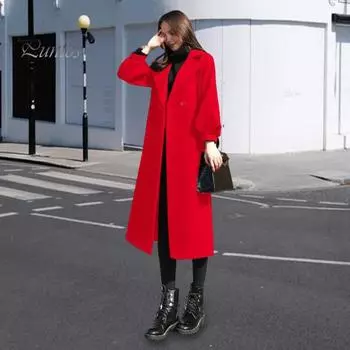 Женское зимнее пальто в деловом стиле с отложным воротником, на двух пуговицах, длиной до икры, куртка для поездок на работу, однотонная плотная верхняя одежда M красный