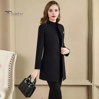 Женское зимнее пальто в деловом стиле с воротником-стойкой, однобортное, средней длины, облегающее, для поездок на работу, однотонная плотная верхняя одежда L