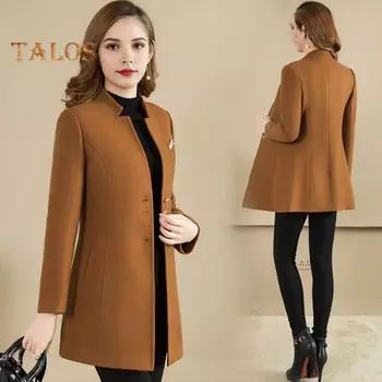 Женское зимнее пальто в деловом стиле с воротником-стойкой, однобортное, средней длины, облегающее, для поездок на работу, однотонная плотная верхняя одежда L