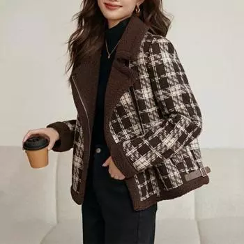 Женское зимнее пальто в клетку из овечьей шерсти M