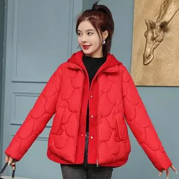 Женское зимнее пальто Yousheng, имитация двухкомпонентной застежки-молнии на пуговицах, с капюшоном, отложным воротником, однотонная короткая куртка с наполнителем из хлопка XXXL красный