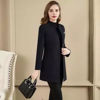 Женское зимнее пальто Yousheng, официальное, в деловом стиле, с воротником-стойкой, однобортное, средней длины, облегающее, для поездок на работу, однотонная, плотная верхняя одежда L