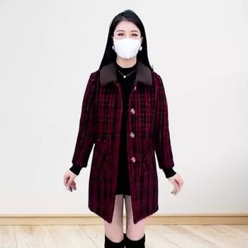 Женское зимнее пальто Yousheng с боковыми карманами, отложным воротником, однобортное пальто средней длины, клетчатая толстая верхняя одежда для поездок на работу L кофейный