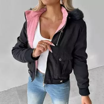 Женское зимнее пальто Yousheng с капюшоном, толстая плюшевая застежка-молния, длинные рукава, однотонная короткая куртка с карманами, верхняя одежда для вечеринок, офиса, свиданий и вечеринок XXL хаки