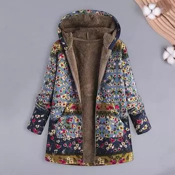 Женское зимнее пальто Yousheng с ретро-цветочным принтом, капюшоном, плотным плюшем, застежкой-молнией, сохраняющим тепло, с длинными рукавами и карманами средней длины, для отдыха, на каждый день, куртка L жёлтый