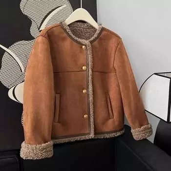 Женское зимнее пальто Yousheng, толстое плюшевое, короткое, с круглым вырезом, однобортное, свободного покроя, для повседневной носки, для школы и поездок на работу S кофейный