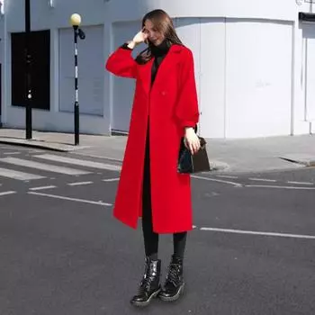 Женское зимнее пальто Yousheng в деловом стиле с отложным воротником и двумя пуговицами, длиной до икры, куртка для поездок на работу, однотонная плотная верхняя одежда M красный